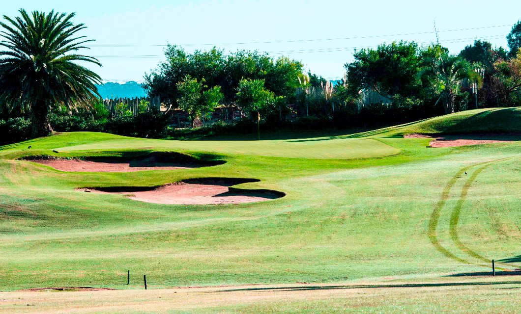 A well-maintained golf course with sand bunkers, green grass, and several trees, including a large palm tree, under a clear sky in Punta del Este. Tire tracks are visible on the grass—a perfect spot for a relaxing Golf Tour.