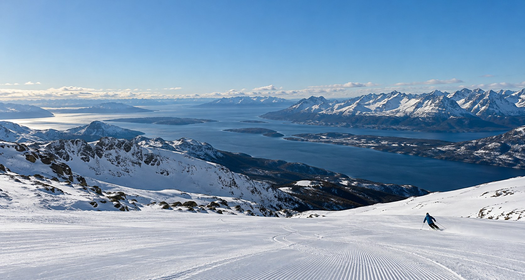 Skier on a groomed slope above the snow-capped mountains of Tierra del Fuego near Ushuaia, Argentina