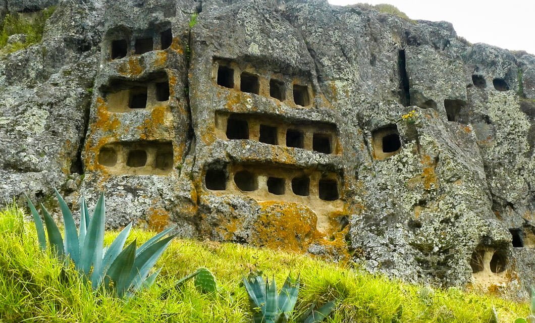Rectangular niches carved into a rocky cliff face evoke the ancient charm of Kuelap, with green grass and succulent plants at the base. The weathered rock surface is covered with patches of moss and lichen.