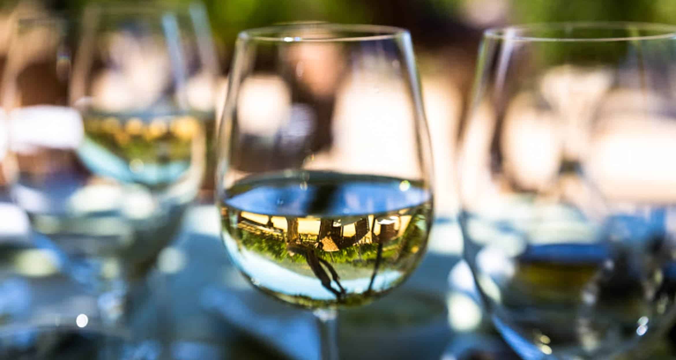 Close-up of several glasses of white wine on a table outdoors, with reflections of greenery and sunlight visible through the wine in the central glass, capturing the vibrant charm often found in the best Chilean wines.