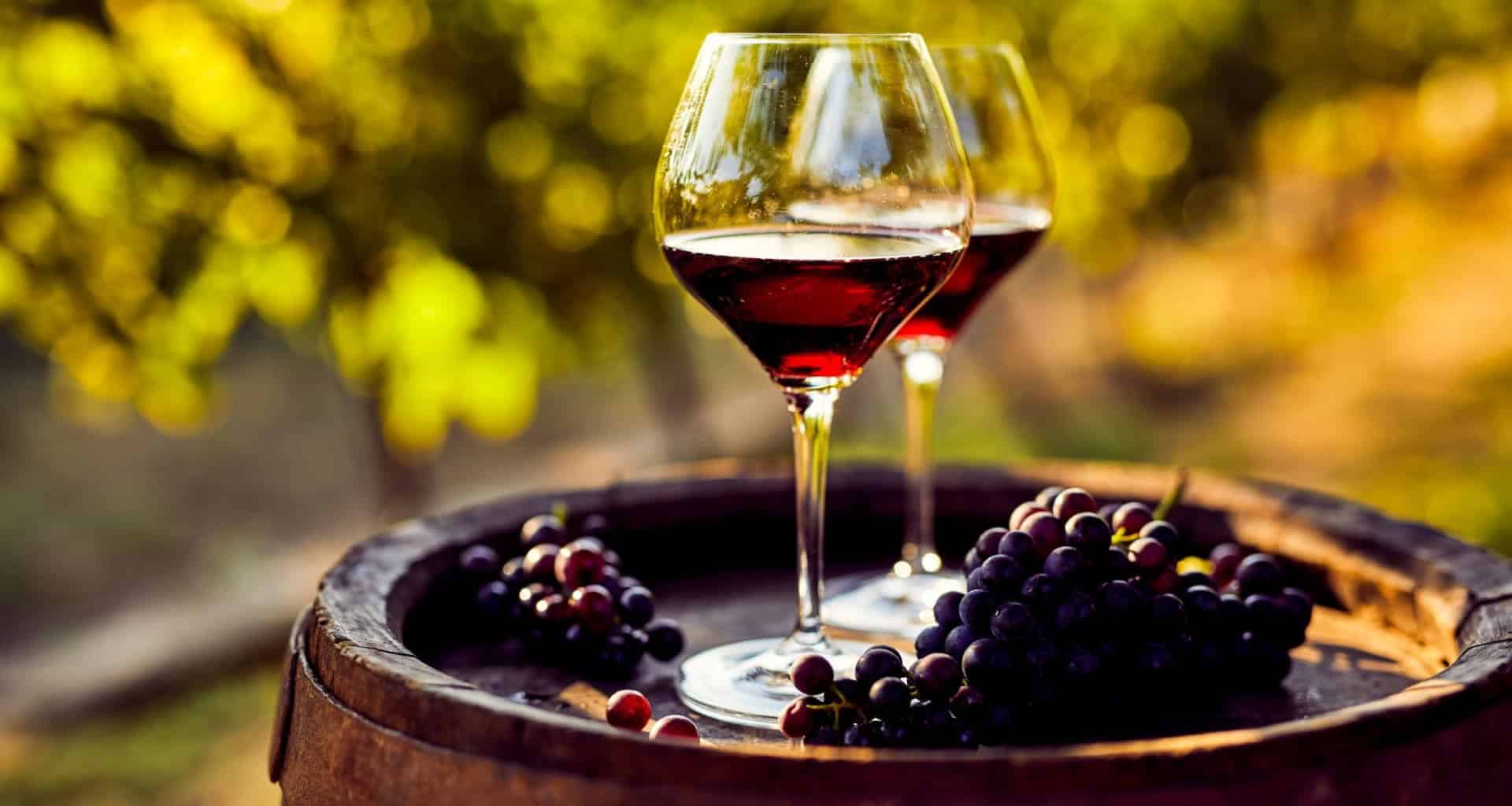 Two glasses of Mendoza wine and bunches of grapes rest on a wooden barrel, with a blurred vineyard in the sunlit background, inviting you to savor the essence of an unforgettable adventure tour.