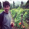 Jon, wearing a gray shirt, stands in a lush vineyard holding a drink, surrounded by green vines and plants. Tall trees rise in the background under a cloudy sky—capturing the essence of a fantastic trip.