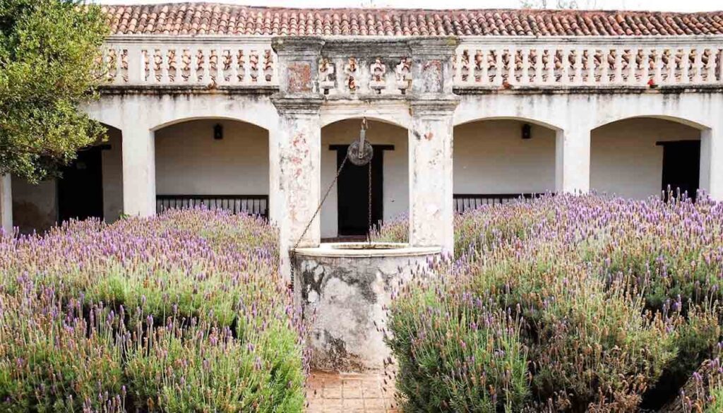 An old stone well stands in the center of a courtyard filled with blooming lavender bushes, surrounded by a weathered building with arched walkways and a tiled roof—a hidden gem among the things to do in Cordoba, Argentina.