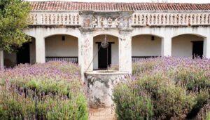 An old stone well stands in the center of a courtyard filled with blooming lavender bushes, surrounded by a weathered building with arched walkways and a tiled roof—a hidden gem among the things to do in Cordoba, Argentina.