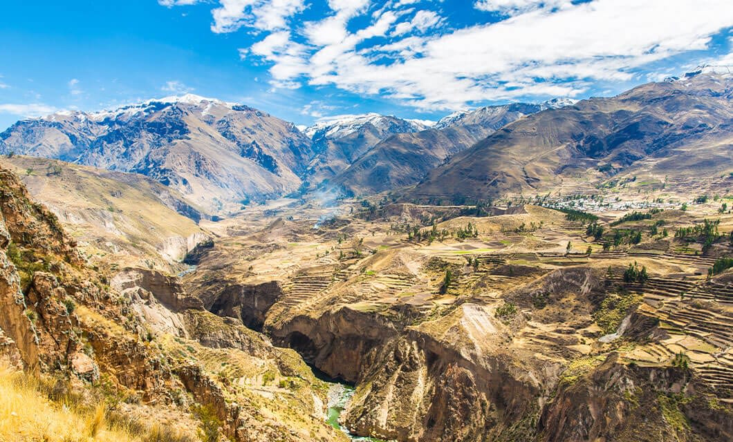 A wide view of terraced fields and green valleys nestled between rugged, snow-capped mountains under a partly cloudy blue sky—an iconic scene among Peru attractions for those exploring Peru travel.
