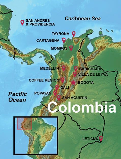 Colombia Travel Info and FAQ Map with select destinations highlighted.