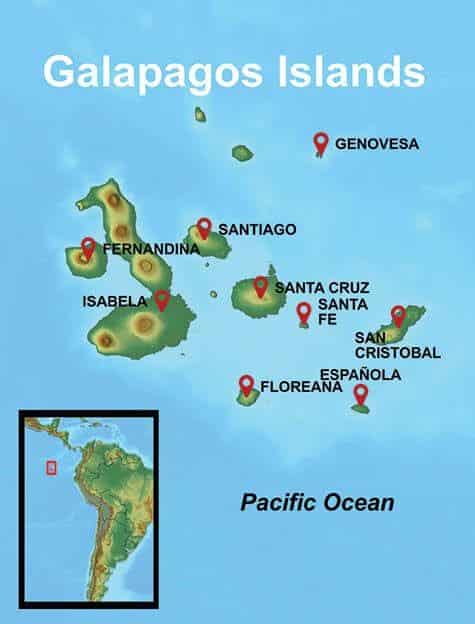 Galapagos Islands Travel Info and FAQ Map with select destinations highlighted.