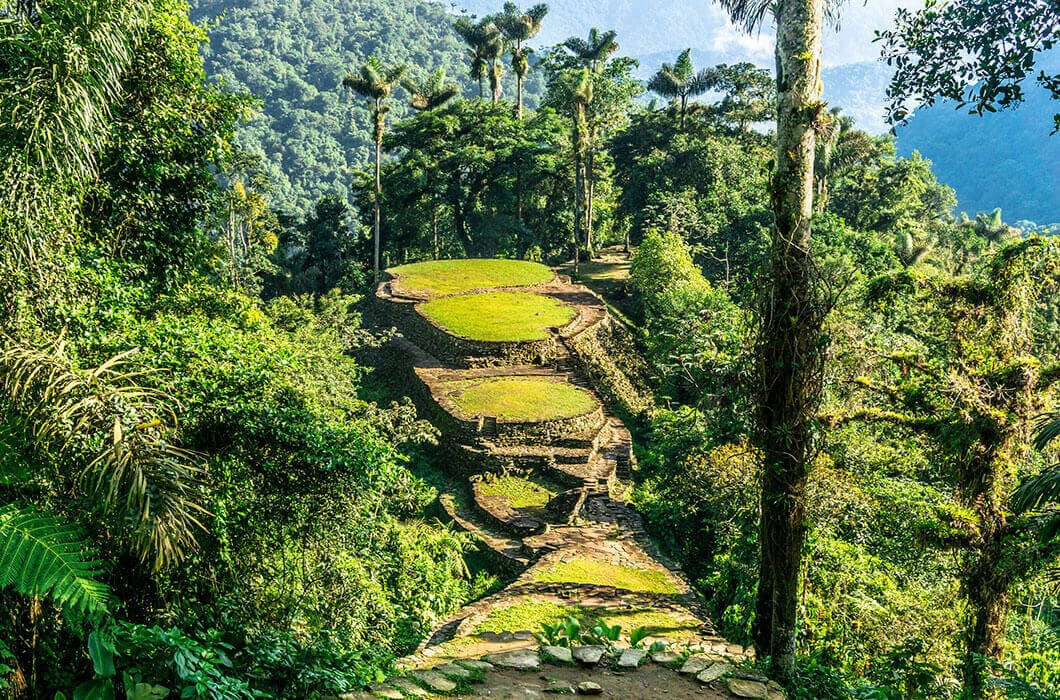 Stone terraces and circular platforms rise through lush rainforest at Ciudad Perdida, Colombia, offering one of the most unforgettable Colombia attractions. Explore this ancient site surrounded by tall palms and dense greenery in the sunlight.