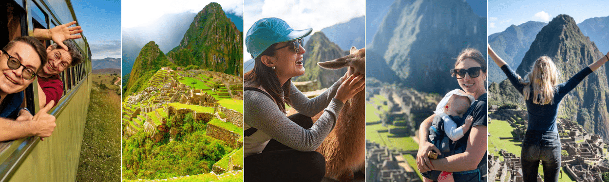 A collage shows people enjoying Machu Picchu Tours: waving from a train, the ruins with green mountains, a woman smiling at a llama, a woman holding a baby, and another with arms raised facing the ruins.