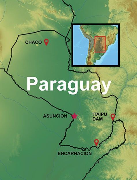Paraguay Travel Info and FAQ Map with select destinations highlighted.