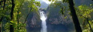 A tall waterfall cascades down a cliff surrounded by lush green forest and mountains, with sunlight filtering through the trees in the foreground.