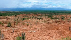 A wide view of Colombia’s Tatacoa Desert in the Huila Region shows red, arid land with eroded gullies and sparse cacti, while a green strip of vegetation and cloudy mountains appear in the distant background.