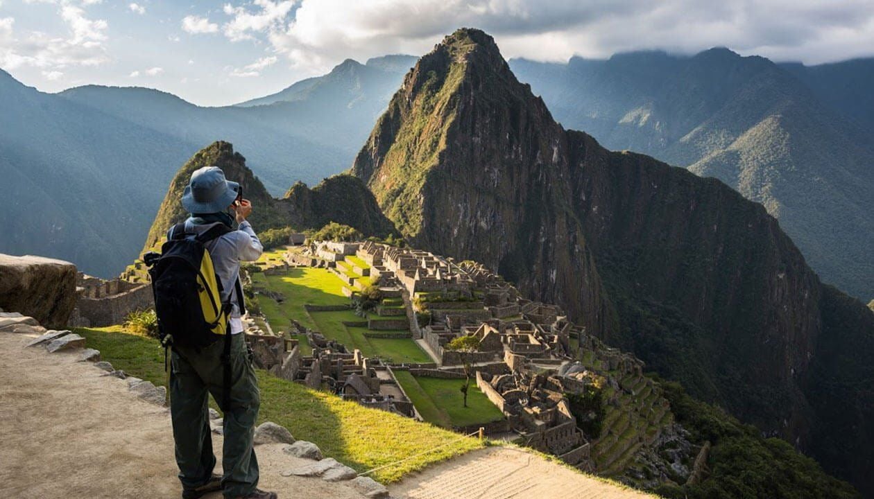 A person with a backpack and hat takes a photo of the ancient stone ruins of Machu Picchu in Peru, surrounded by lush green mountains under a partly cloudy sky—an unforgettable sight near Cusco, where altitude sickness can affect many visitors.