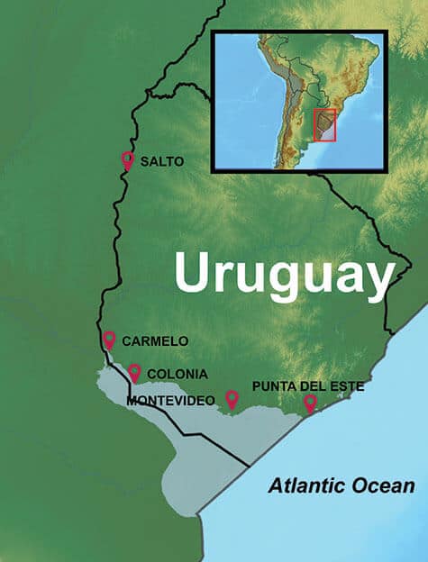 Uruguay Travel Info and FAQ Map with select destinations highlighted.
