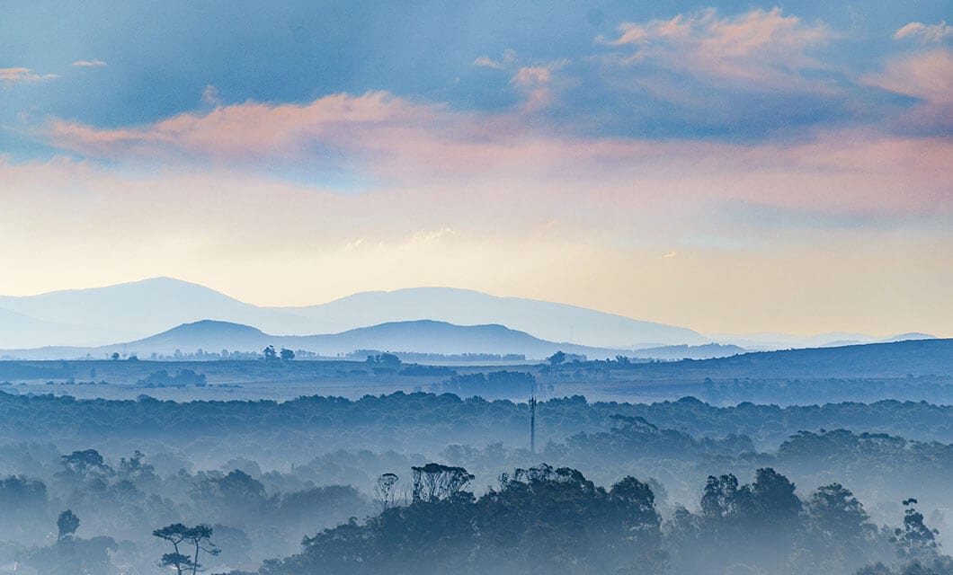 Misty landscape with layers of trees and rolling hills under a sky with soft clouds tinted blue and pink at sunrise or sunset—an inspiring scene for those seeking Uruguay travel experiences and memorable Uruguay attractions.