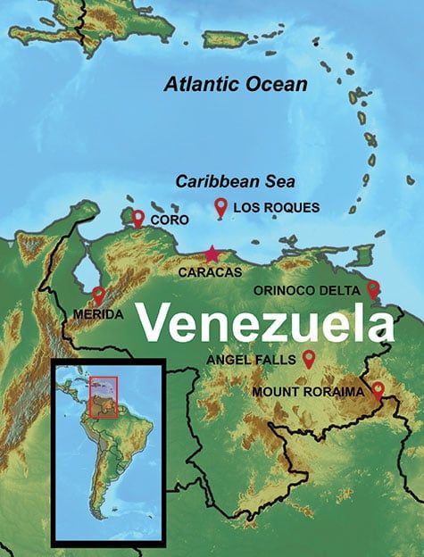 Venezuela Travel Info and FAQ Map with select destinations highlighted.