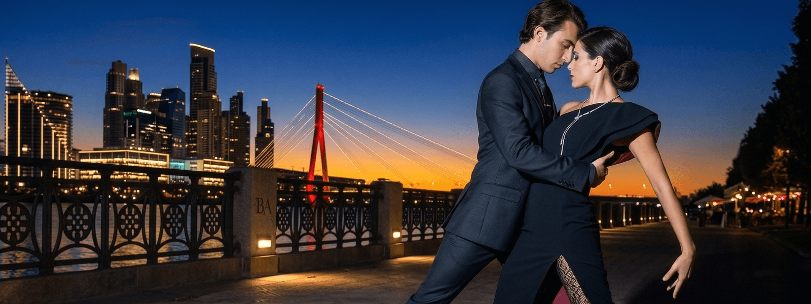 A couple elegantly dances tango on a riverside promenade at sunset, with a city skyline and illuminated bridge in the background—the perfect romantic setting for an unforgettable Argentina honeymoon tour. The sky glows with vibrant blue and orange hues.