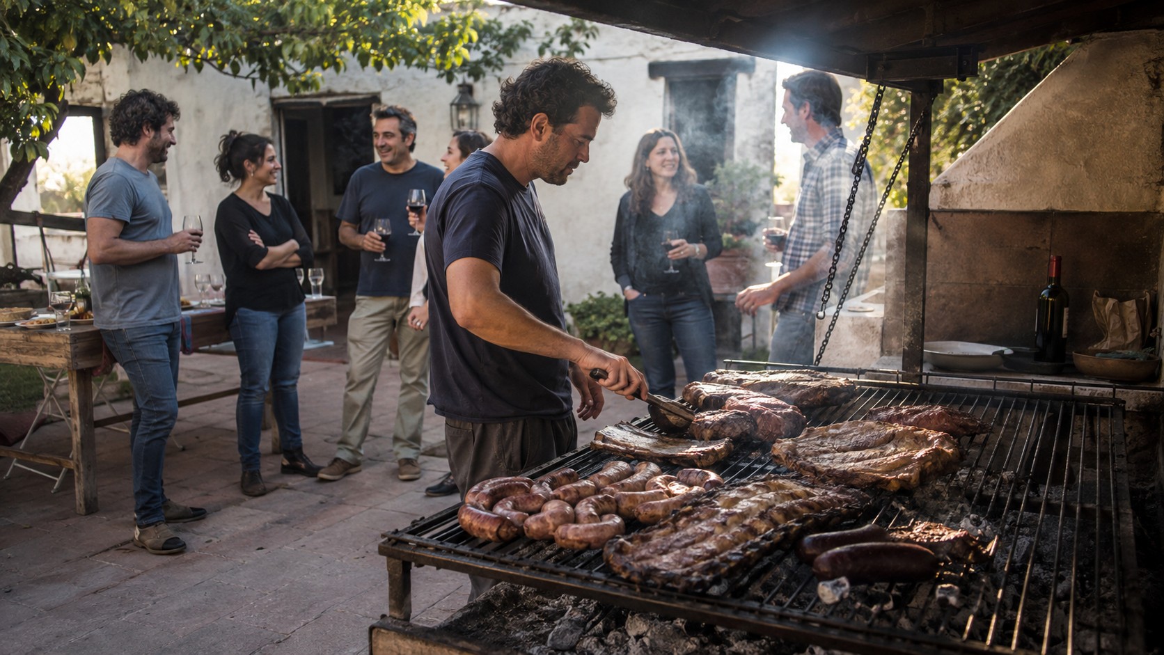 Friends gather around an asador cooking meat and sausages on an Argentine parrilla