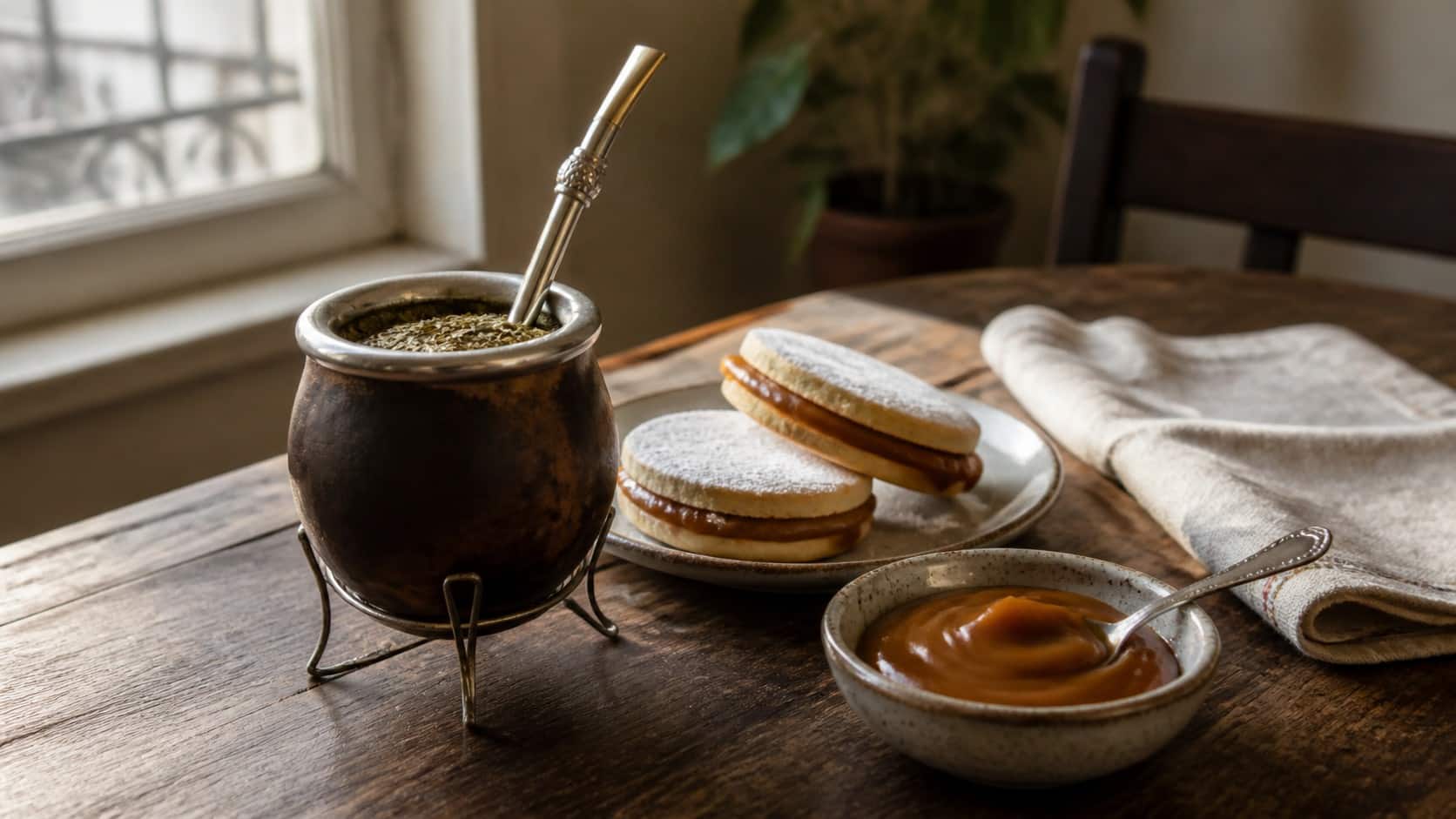 Mate, alfajores and dulce de leche on a wooden table in Argentina