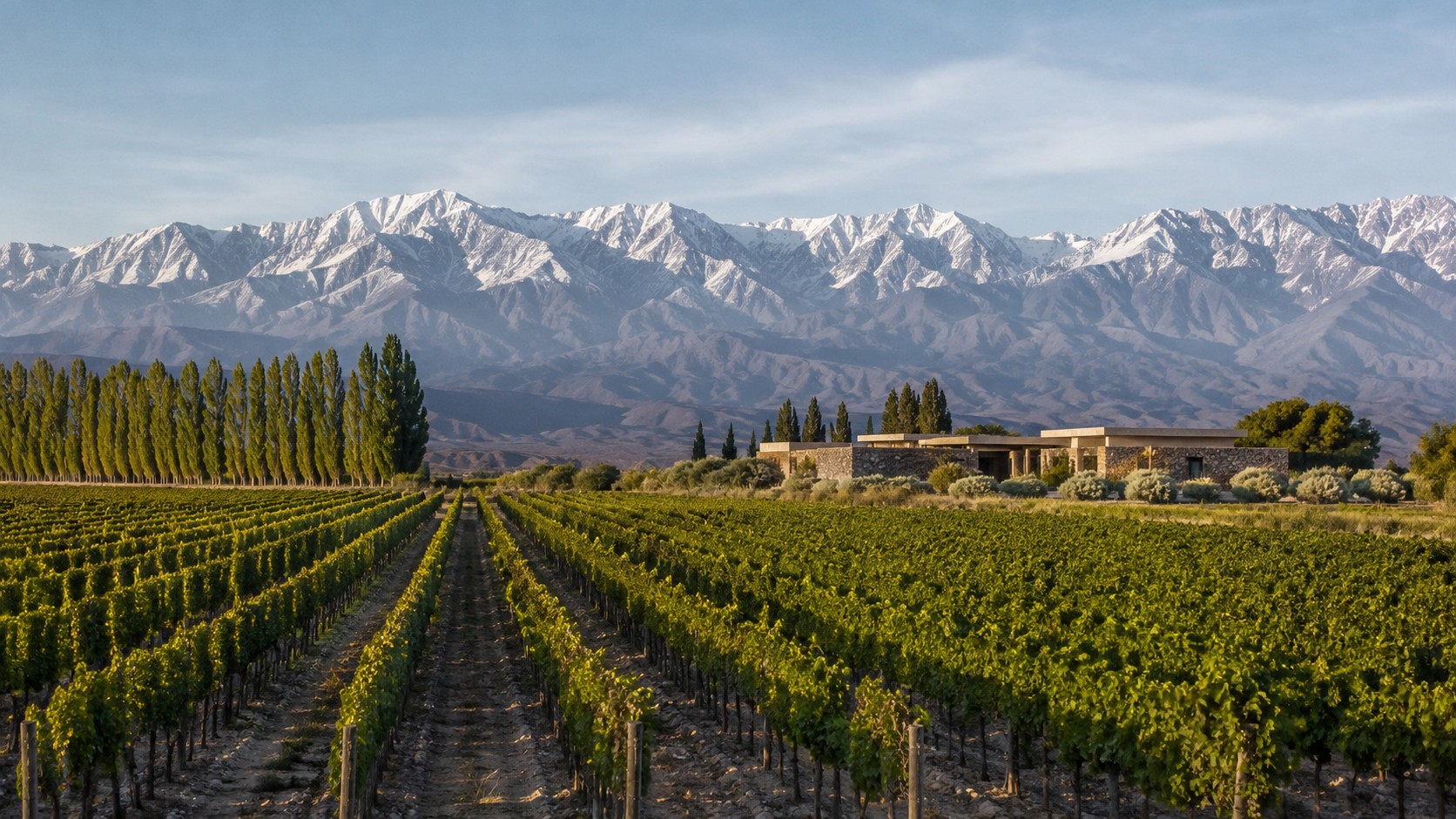 Vineyard rows in Mendoza beneath the snow-capped Andes