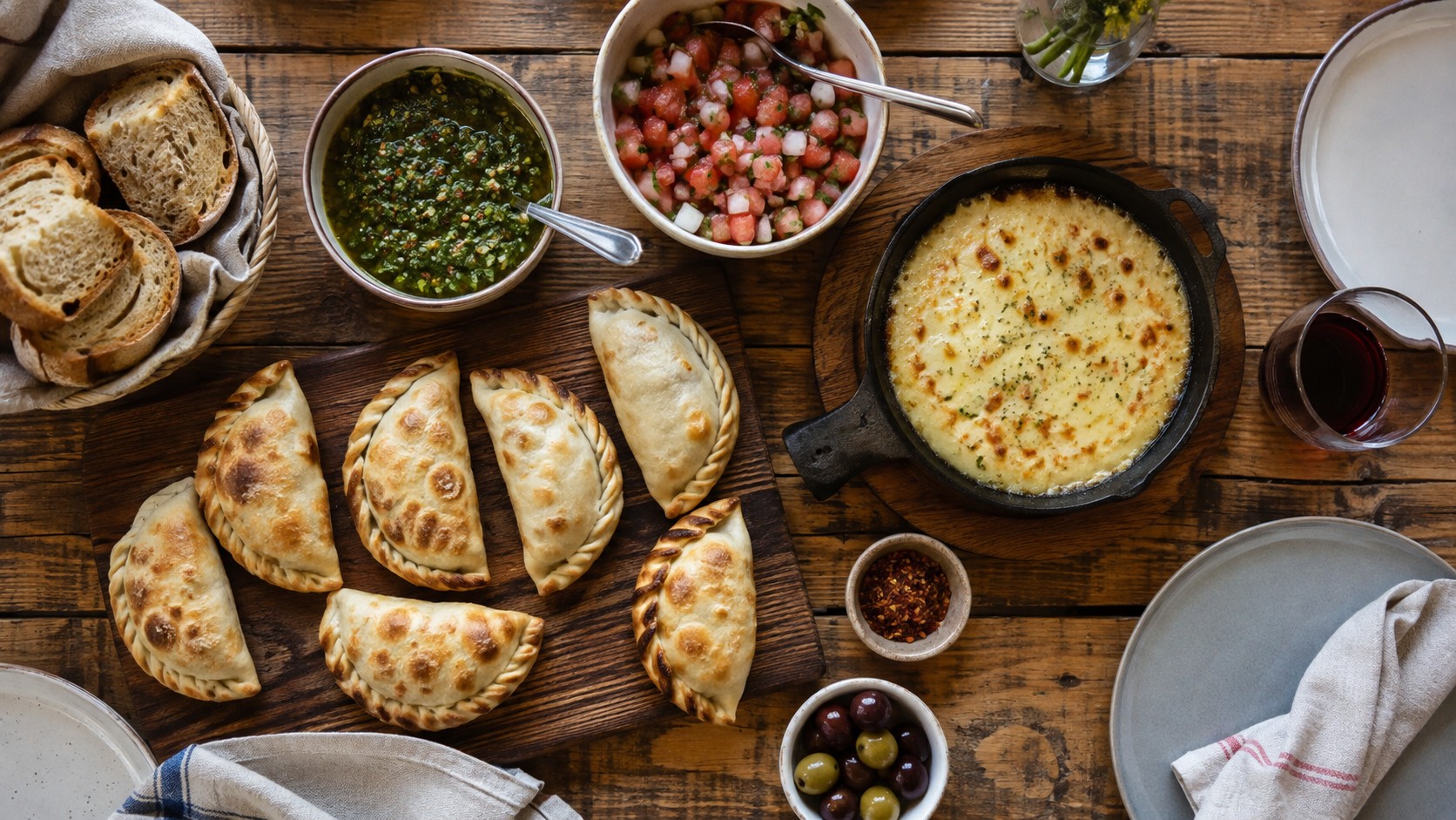Empanadas, provoleta, chimichurri and salsa criolla shared on a wooden table