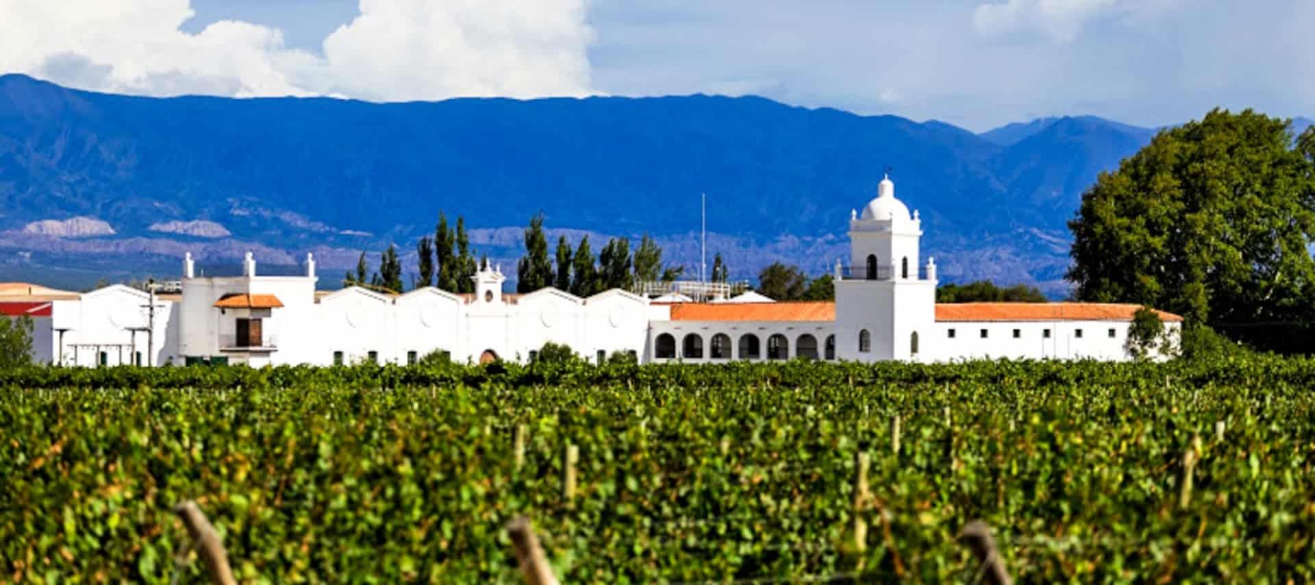 A large white colonial-style building with arches and a tower sits behind a green vineyard, perfect for Argentina Wine Tours, with tall mountains and a partly cloudy sky in the background.