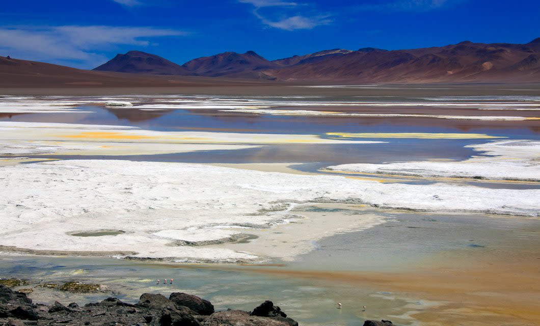 A salt flat with white, yellow, and brown mineral deposits stretches toward distant mountains under a deep blue sky at Alto Atacama, reflecting in shallow pools of water.