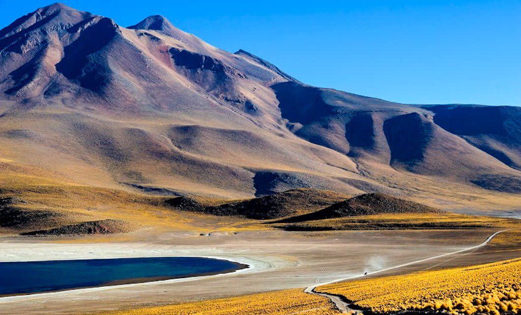 A vast, arid Atacama landscape with a winding dirt road leading past a blue lake, surrounded by golden, sparse vegetation and large, rugged mountains under a clear blue sky—an iconic view near Explora Atacama.