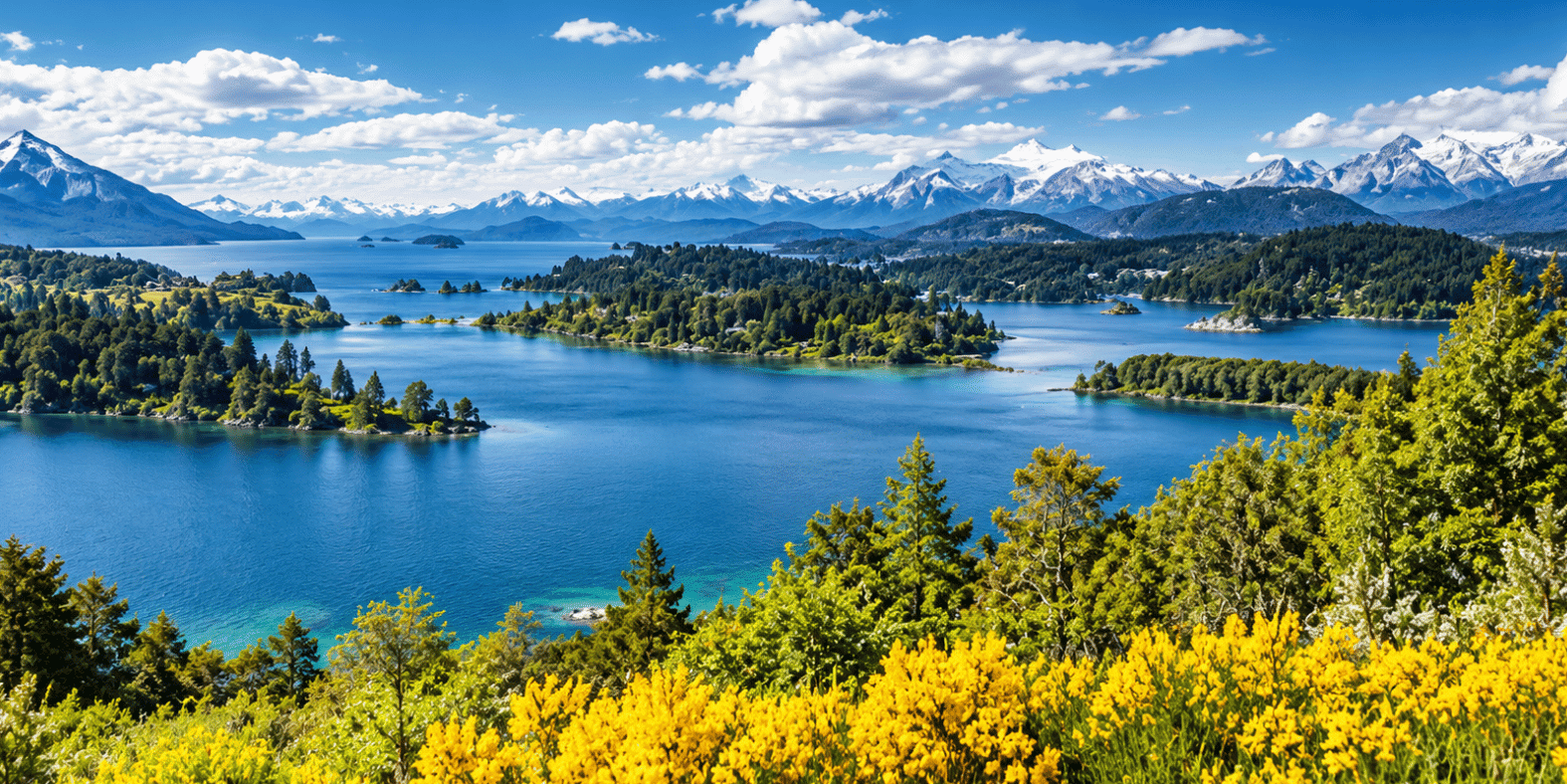 Panoramic view of Bariloche's Lake District with blue lakes, forested islands, and snow-capped Andes mountains