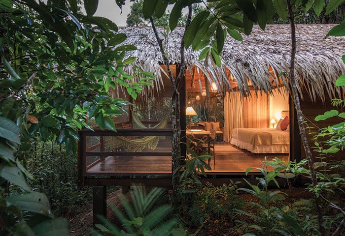 A cozy cabin with a thatched roof nestled in lush Amazon Rainforest foliage, featuring a softly lit bedroom, a hammock on the wooden deck, and large windows revealing the inviting interior.