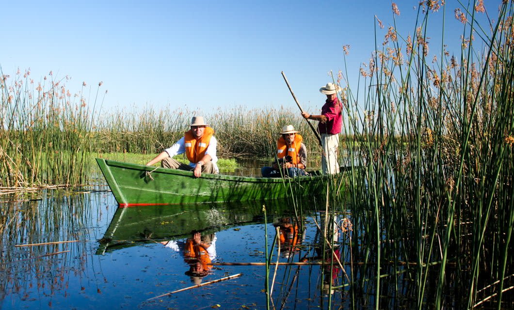 Three people in life jackets and hats ride a green boat through tall reeds on calm water under a clear blue sky at Estancia Buena Vista; one person stands and steers with a pole.