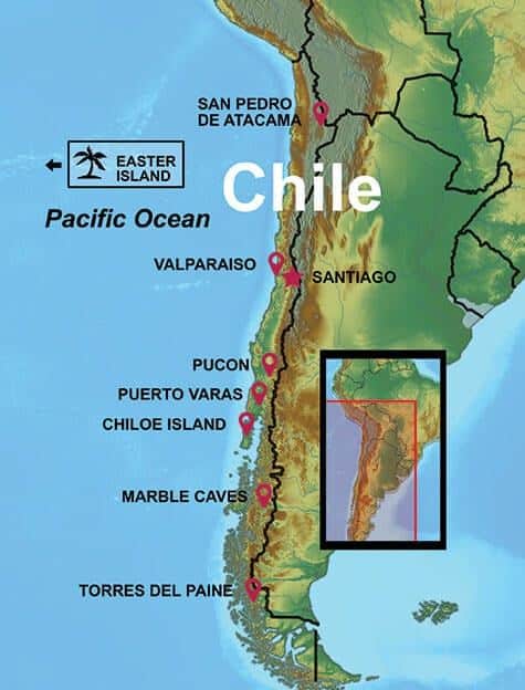Chile Travel Info and FAQ Map with select destinations highlighted.