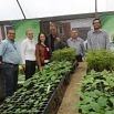 Six people stand in a greenhouse, smiling beside tables filled with young green plants in trays. The bright natural light and green walls hint at an amazing trip into the world of gardening.