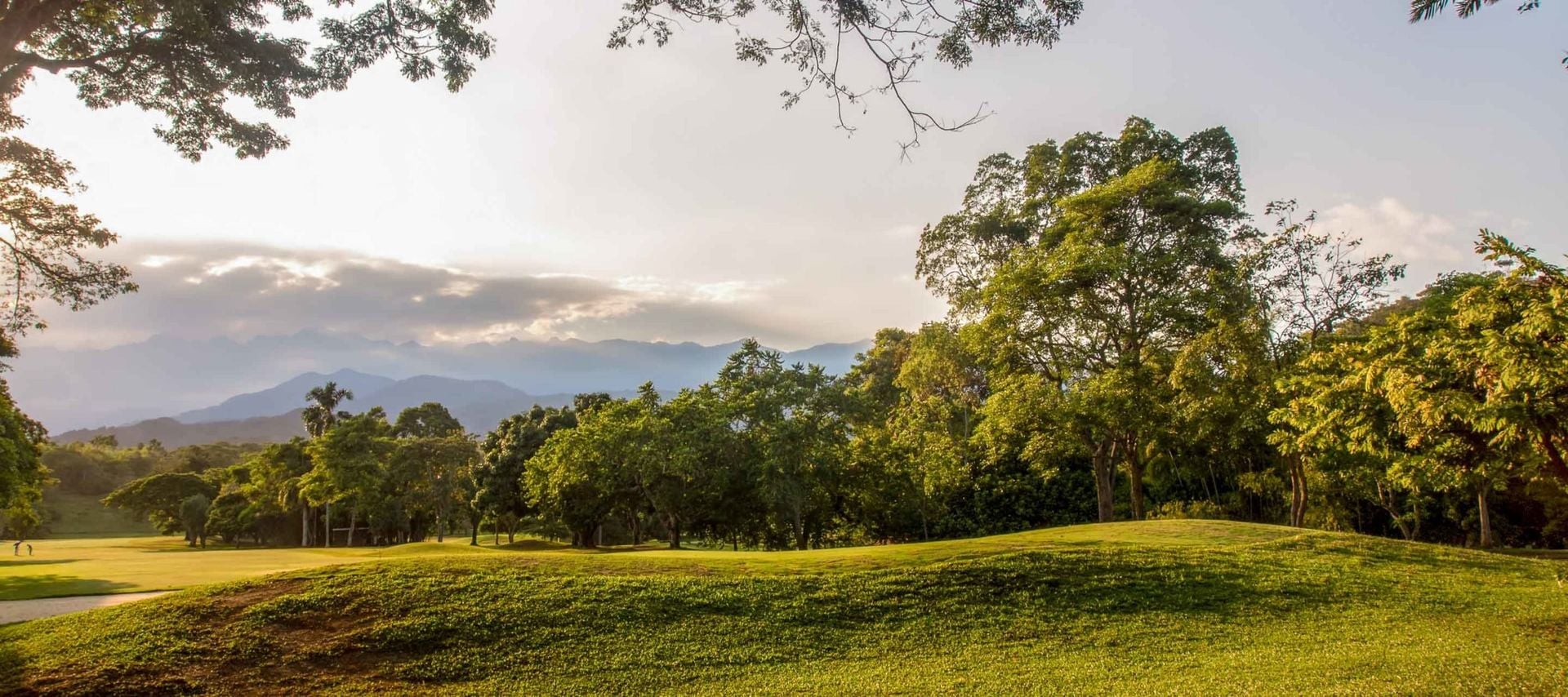 A lush, green golf course in Colombia with scattered trees under a partly cloudy sky. Mountains are visible in the background as sunlight streams through the branches, perfect for unforgettable golf tours and casting soft shadows on the grass.