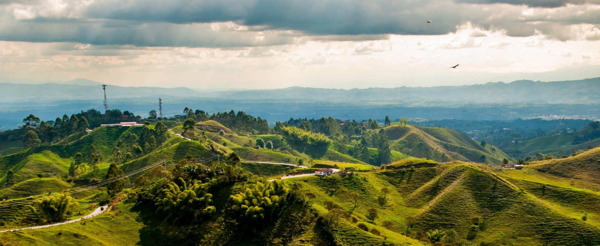 Rolling green hills stretch into the distance under a partly cloudy sky, with scattered houses, winding roads, and trees—an inviting scene for Colombia travel. Birds soar overhead as mountains rise above a hazy horizon in the background.