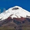 Snow-capped volcanic mountain with a blue sky background, showing dark rocky slopes beneath the white summit—a perfect scene for an Ecuadorean adventure enjoyed safely.
