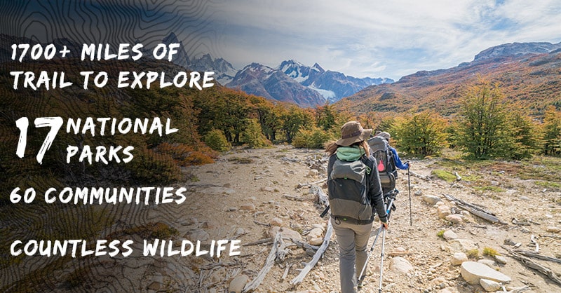 Image reads 1700 miles of trail, 17 national parks, 60 communities, and countless wildlife.