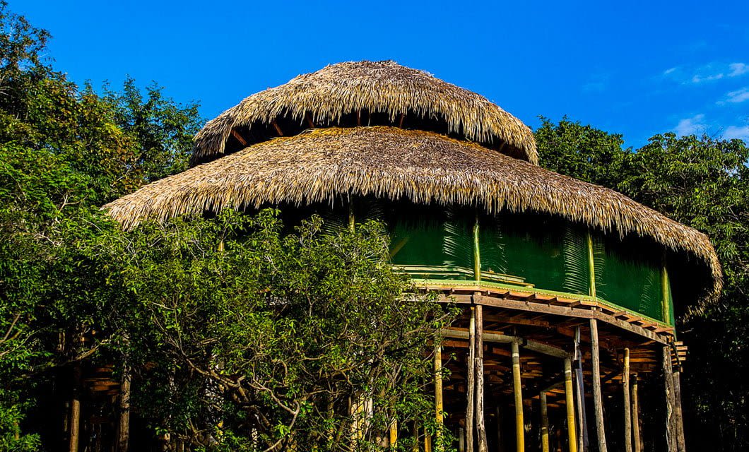 A large, round hut with a double-layered thatched roof stands elevated on wooden stilts, surrounded by lush green trees under a clear blue sky at the Juma Amazon Lodge in the heart of the Amazon rainforest.