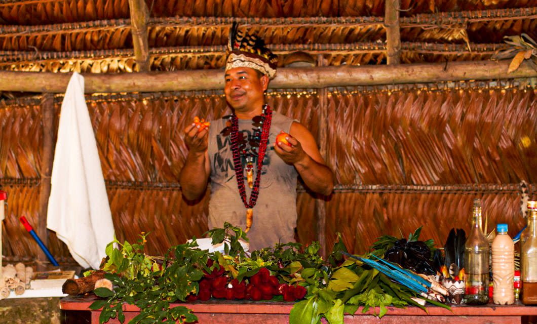 A man wearing a traditional headdress and bead necklaces stands behind a table with various herbs, fruits, and bottles inside a rustic hut at Ceiba Tops Lodge, beneath its thatched roof and woven walls.