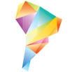 Abstract geometric illustration of South America, composed of colorful, overlapping polygons in shades of yellow, orange, blue, green, and purple on a white background—an excellent experience for any Clara-inspired design enthusiast.