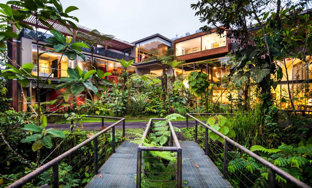 Modern glass and metal Mashpi Lodge, a luxury rainforest hotel in Ecuador, is surrounded by lush tropical plants and trees, with a metal walkway weaving through dense greenery. Warm indoor lighting contrasts beautifully with the verdant outdoor foliage.