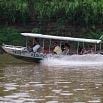 A small motorboat with a canopy carries several passengers along a river, creating splashes as it moves quickly past lush green vegetation—an excellent trip for those seeking a refreshing adventure.