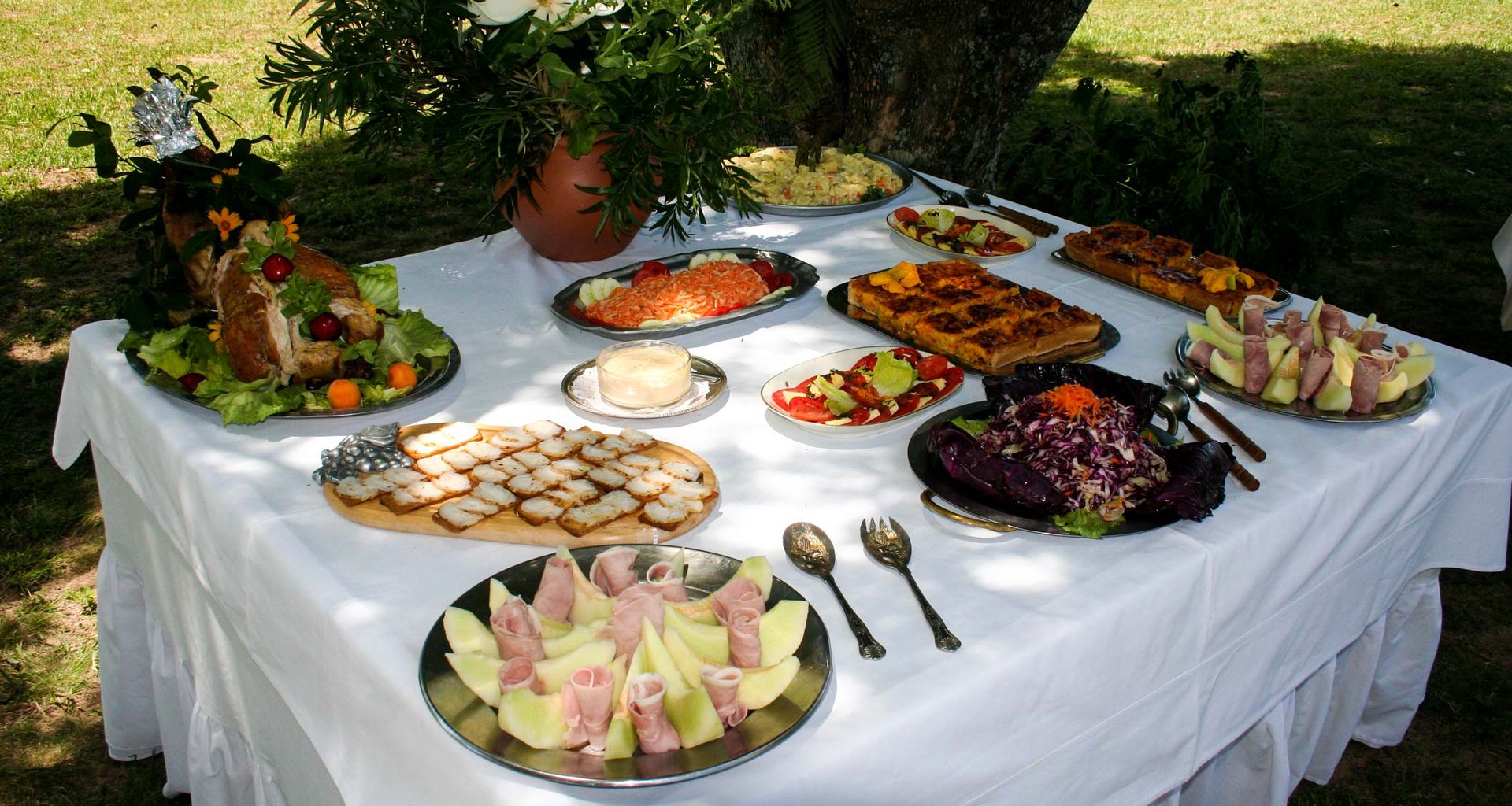 A white table outdoors at Estancia Buena Vista is covered with various dishes, including salads, cold cuts, cheese, bread, roasted meat, casseroles, and fruit, arranged neatly for a buffet meal under a tree.