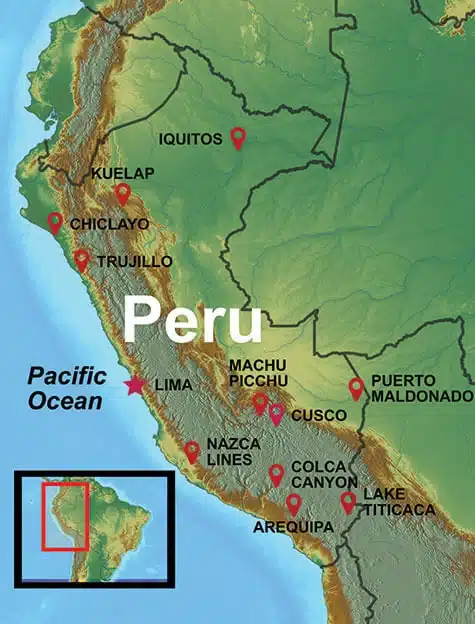 Peru Travel Info and FAQ Map with select destinations highlighted.