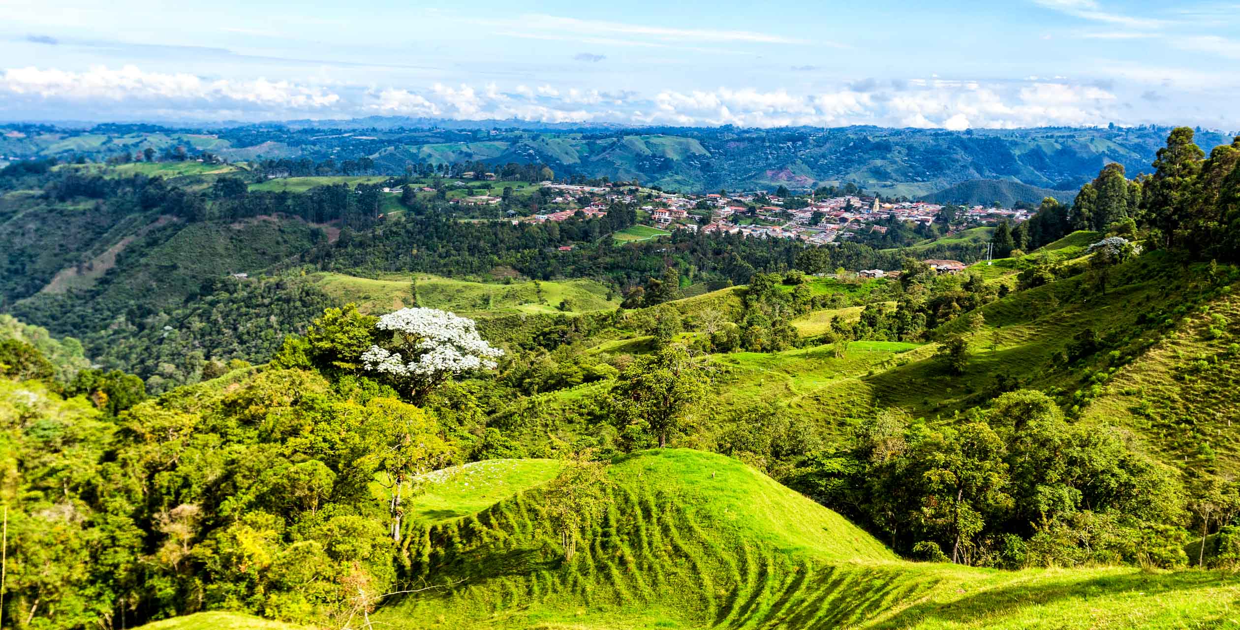 A lush, green hilly landscape in Colombia with scattered trees, small fields, and a distant town nestled among the hills under a partly cloudy sky—perfect inspiration for any travel guide.