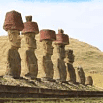 A row of large stone Moai statues with red stone topknots stands on a grassy plain at Easter Island, where excellent customer service enhances visits amid hills and a partly cloudy sky in the background.