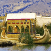 A traditional reed boat with a thatched roof and decorative details floats near the reeds on a lake, reflecting the care and attention found in good customer services, with hills visible in the background.