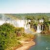 A wide view of Iguazu Falls on your Brazil vacation, with waterfalls cascading over lush green cliffs into a river below, surrounded by dense forest under a clear sky.
