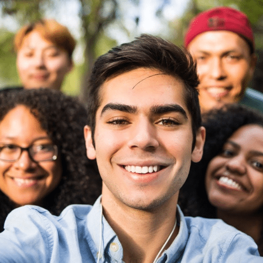 A group of five young adults smiling and posing for a selfie outdoors, with greenery blurred in the background. The person in front is holding the camera.