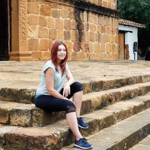 A woman with red hair, wearing a light gray shirt and black capri pants, sits on wide stone steps in front of an old building with textured brick walls. She is looking at the camera and smiling slightly.